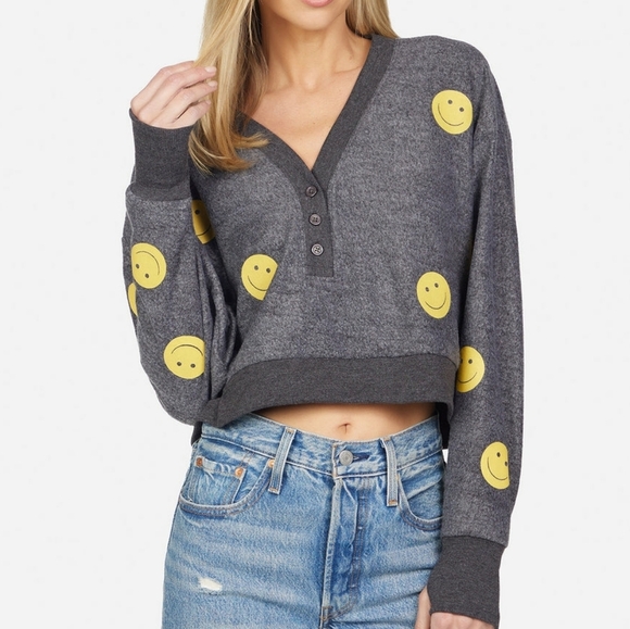 Lauren Moshi Kathryn All Over Yellow Smiley Crop Sweater - Picture 1 of 7